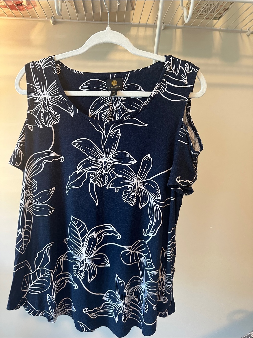 JM Collection Navy and White Floral Cold-Shoulder Tank